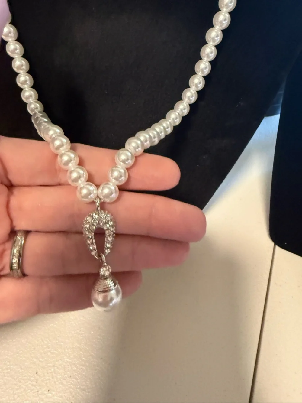 Monet White Pearl Necklace with Crystal and pearl Drop